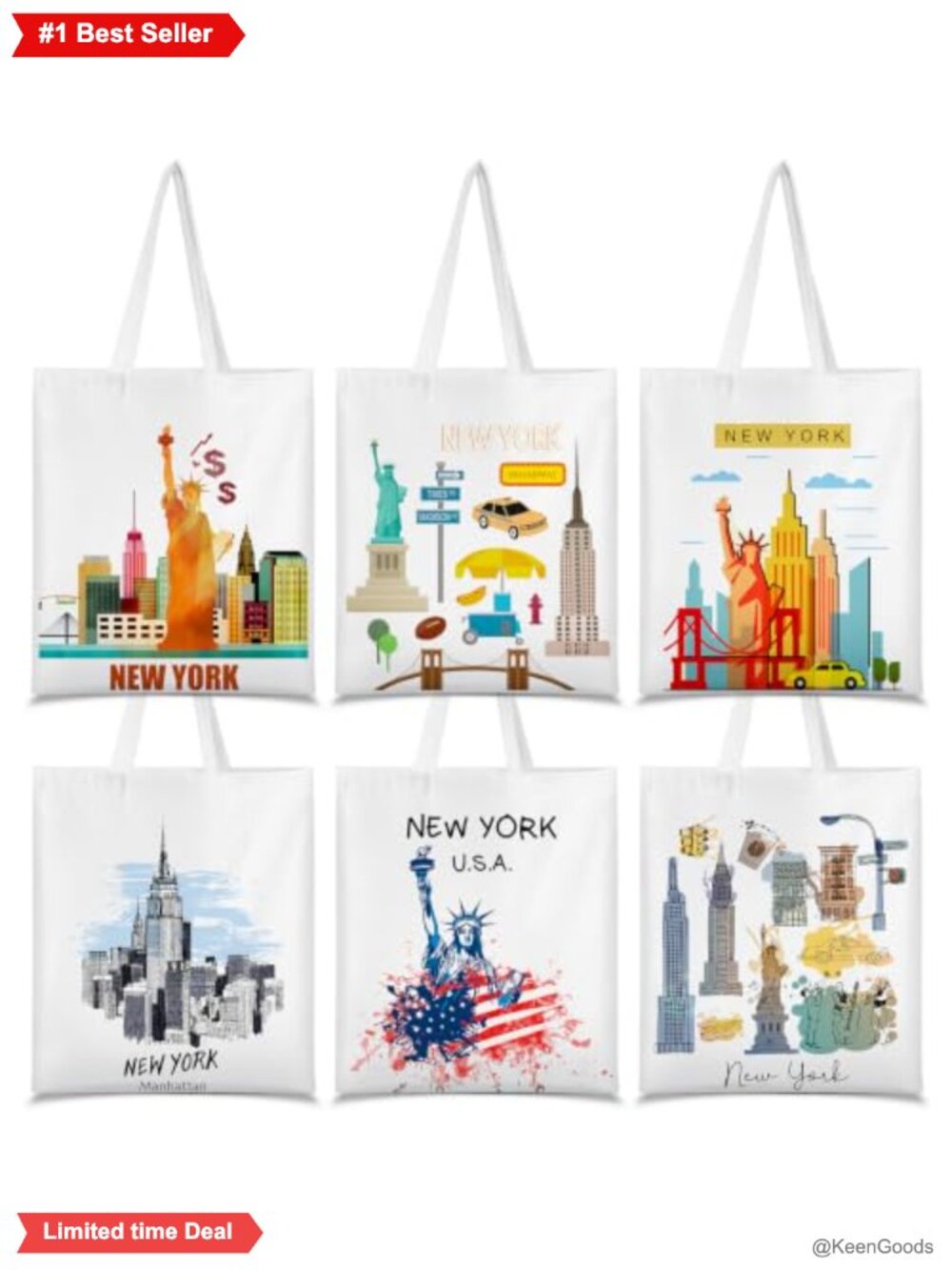 New York Souvenir Canvas Tote Bags - 6 Pack, Reusable Shopping Market Tote for